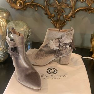Cecelia New York Mirah silver gray velvet orchid flower ankle boots